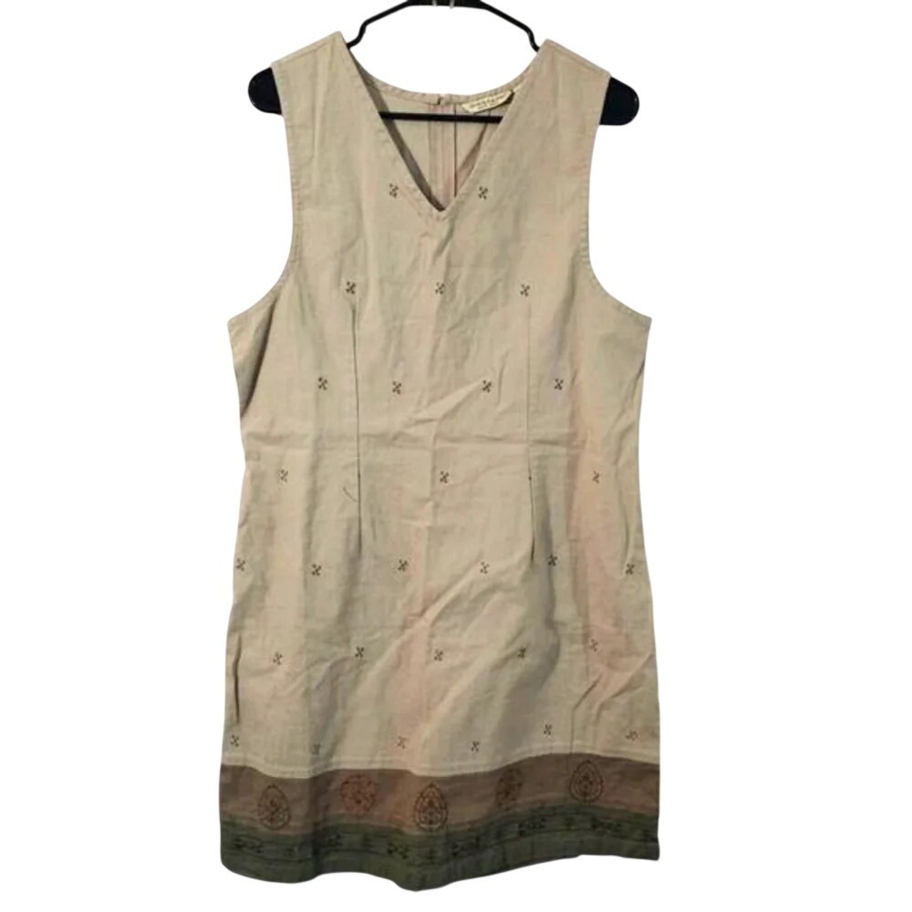 Jenna Lane New York Brown Embroidered V-Neck‎ Sheath Dress Large Linen Blend
